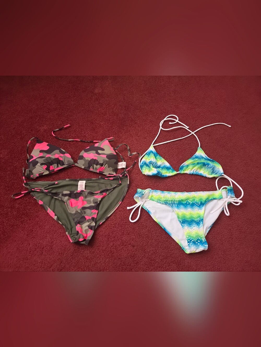 Two OP Girls Two-Piece Swim Sets in Olive Green with Hot Pink Accents